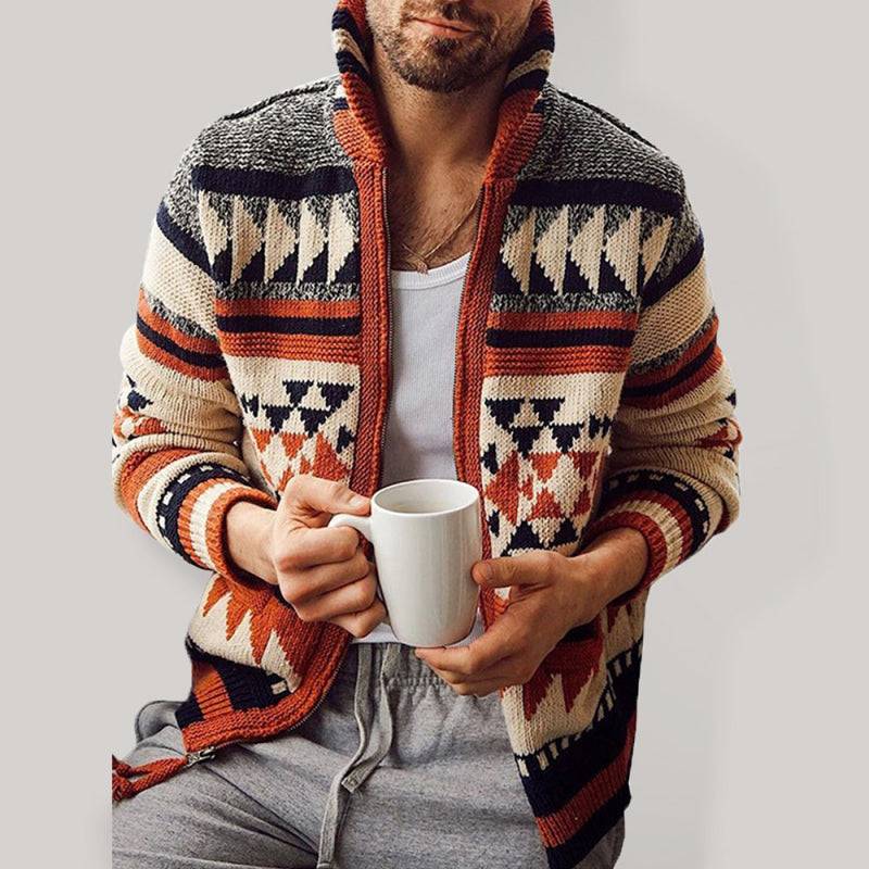 Men's Long Sleeve Embroidered Stand Collar Zip Sweater with Geometric Pattern.