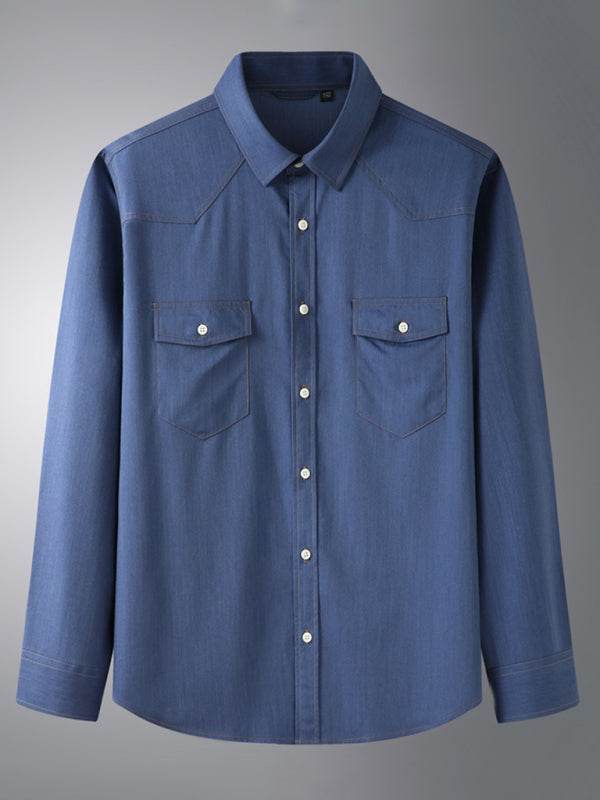 Stylish Plus Size Men's Stretch Denim Long Sleeve Utility Shirt with Versatile Pockets