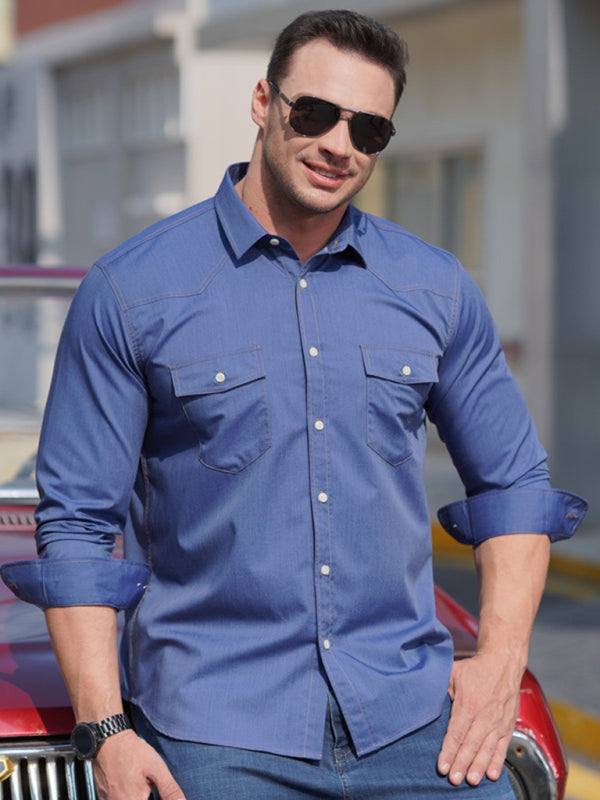 Stylish Plus Size Men's Stretch Denim Long Sleeve Utility Shirt with Versatile Pockets