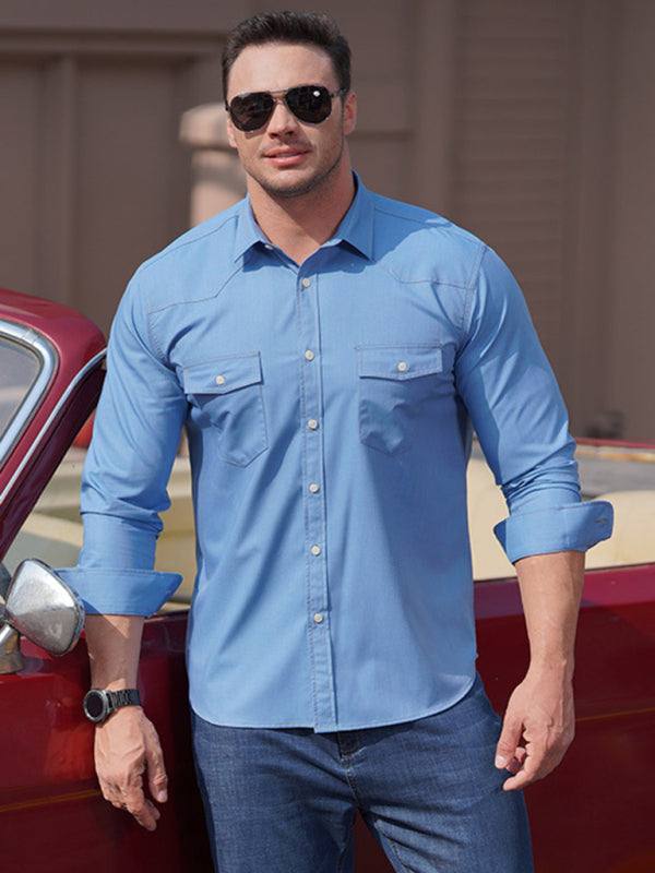 Stylish Plus Size Men's Stretch Denim Long Sleeve Utility Shirt with Versatile Pockets