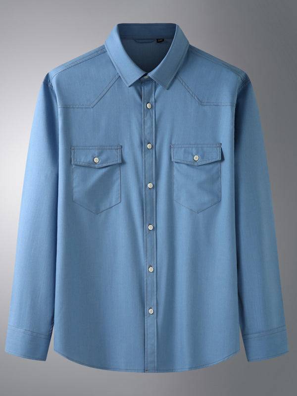 Stylish Plus Size Men's Stretch Denim Long Sleeve Utility Shirt with Versatile Pockets