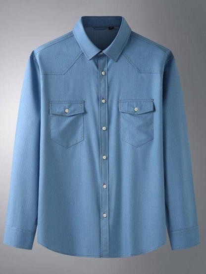 Stylish Plus Size Men's Stretch Denim Long Sleeve Utility Shirt with Versatile Pockets
