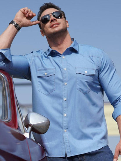 Stylish Plus Size Men's Stretch Denim Long Sleeve Utility Shirt with Versatile Pockets