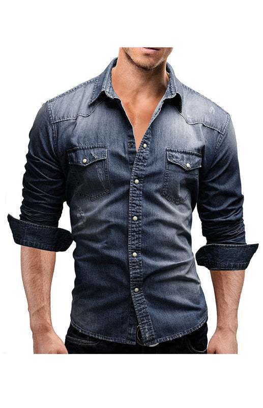 Spring-Summer men's lapel collar solid polyester shirt with buttoned cuffs.