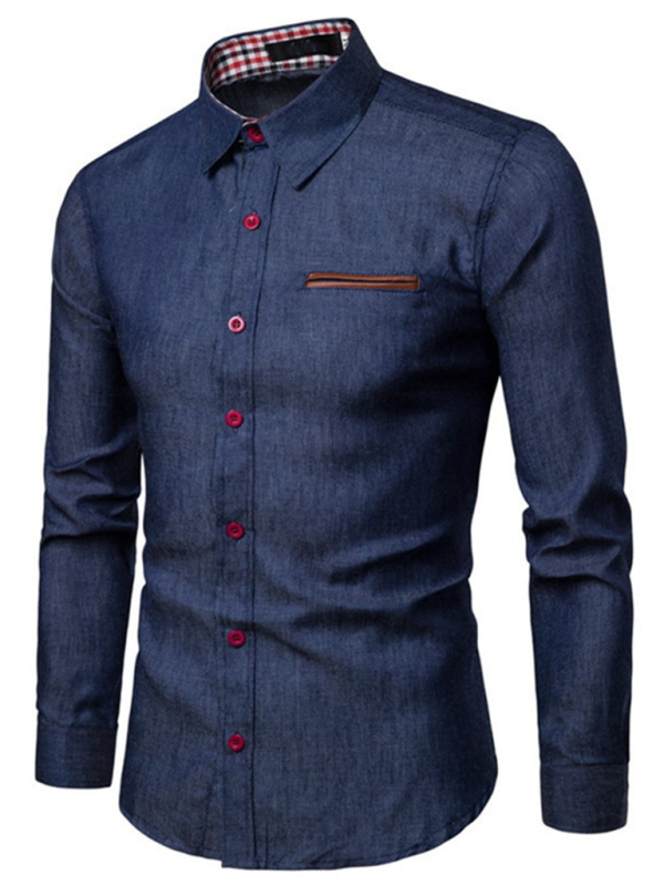 Men's long sleeve casual shirt with patchwork leather and double pockets.