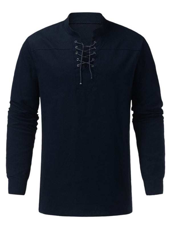 Men's woven retro lace-up casual long sleeve shirt with stand collar.