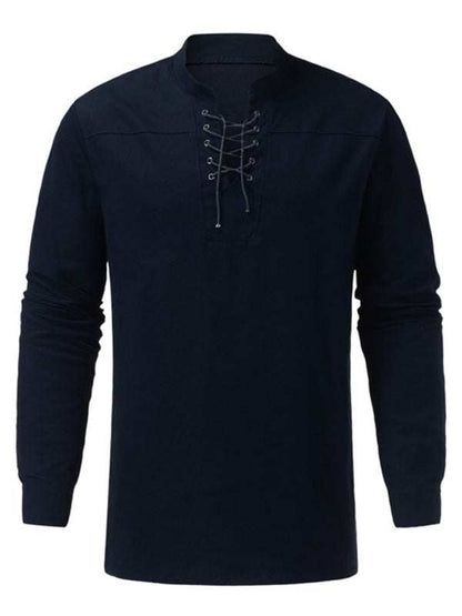Men's woven retro lace-up casual long sleeve shirt with stand collar.
