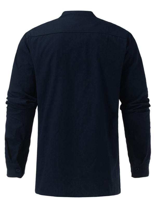 Retro-Inspired Men's Casual Long Sleeve Lace-Up Shirt with Stand Collar - Effortless Style for Every Occasion - MENLL
