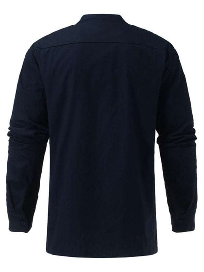 Retro-Inspired Men's Casual Long Sleeve Lace-Up Shirt with Stand Collar - Effortless Style for Every Occasion - MENLL