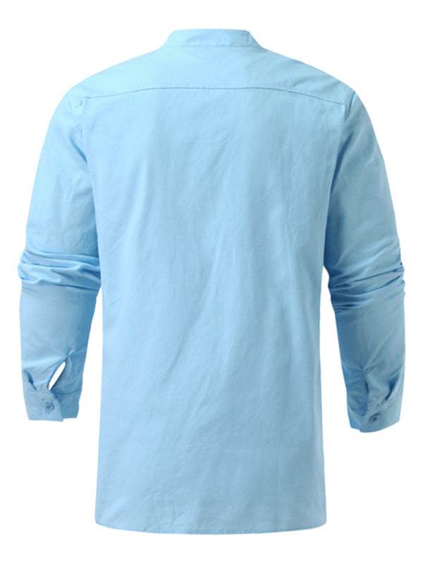 Retro-Inspired Men's Casual Long Sleeve Lace-Up Shirt with Stand Collar - Effortless Style for Every Occasion - MENLL