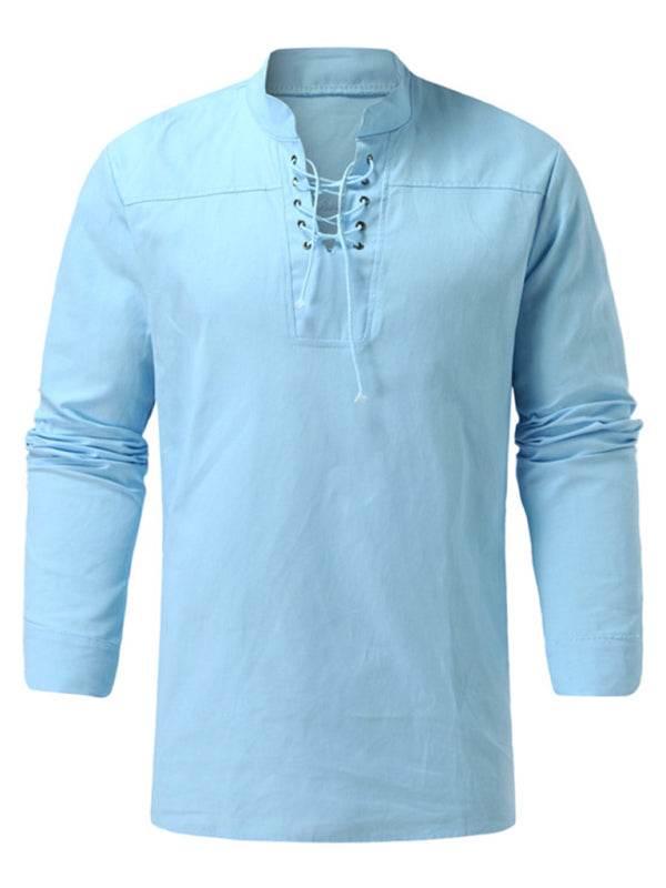 Retro-Inspired Men's Casual Long Sleeve Lace-Up Shirt with Stand Collar - Effortless Style for Every Occasion - MENLL