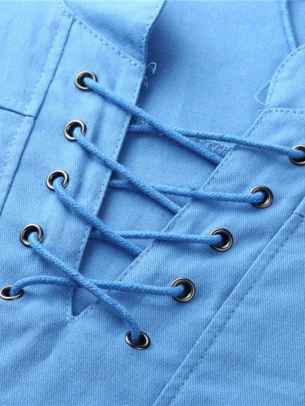 Retro-Inspired Men's Casual Long Sleeve Lace-Up Shirt with Stand Collar - Effortless Style for Every Occasion - MENLL