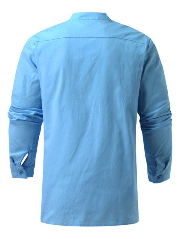 Retro-Inspired Men's Casual Long Sleeve Lace-Up Shirt with Stand Collar - Effortless Style for Every Occasion - MENLL