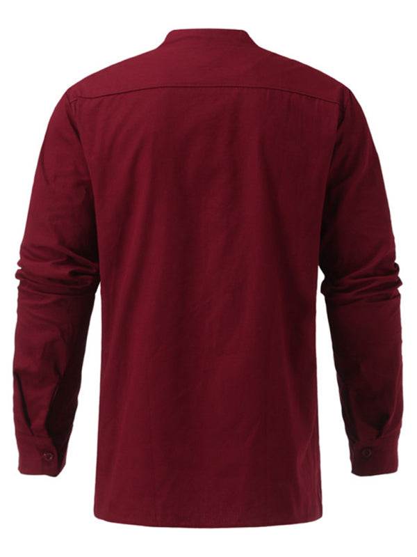 Retro-Inspired Men's Casual Long Sleeve Lace-Up Shirt with Stand Collar - Effortless Style for Every Occasion - MENLL