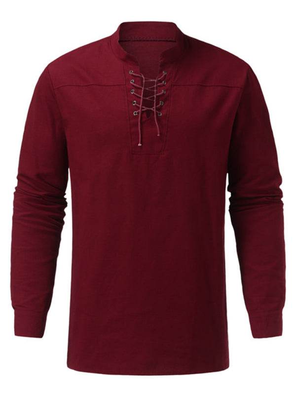 Retro-Inspired Men's Casual Long Sleeve Lace-Up Shirt with Stand Collar - Effortless Style for Every Occasion - MENLL