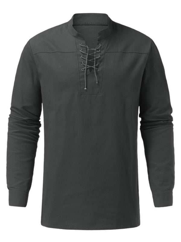 Retro-Inspired Men's Casual Long Sleeve Lace-Up Shirt with Stand Collar - Effortless Style for Every Occasion - MENLL