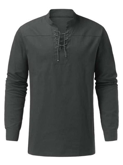 Retro-Inspired Men's Casual Long Sleeve Lace-Up Shirt with Stand Collar - Effortless Style for Every Occasion - MENLL