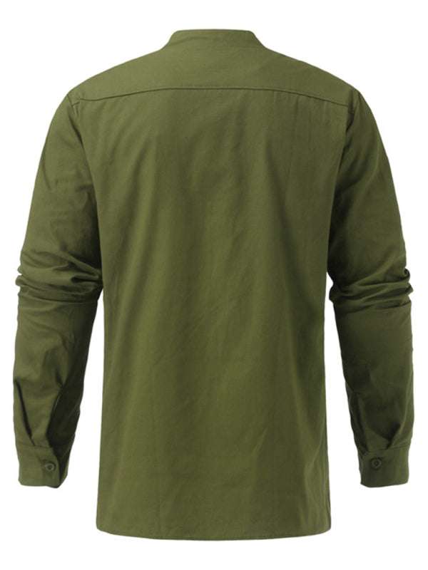 Retro-Inspired Men's Casual Long Sleeve Lace-Up Shirt with Stand Collar - Effortless Style for Every Occasion - MENLL