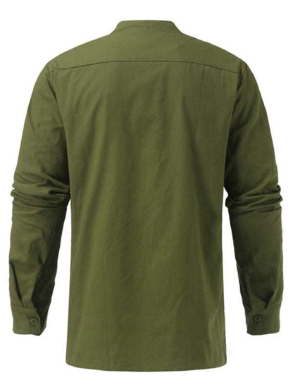 Retro-Inspired Men's Casual Long Sleeve Lace-Up Shirt with Stand Collar - Effortless Style for Every Occasion - MENLL