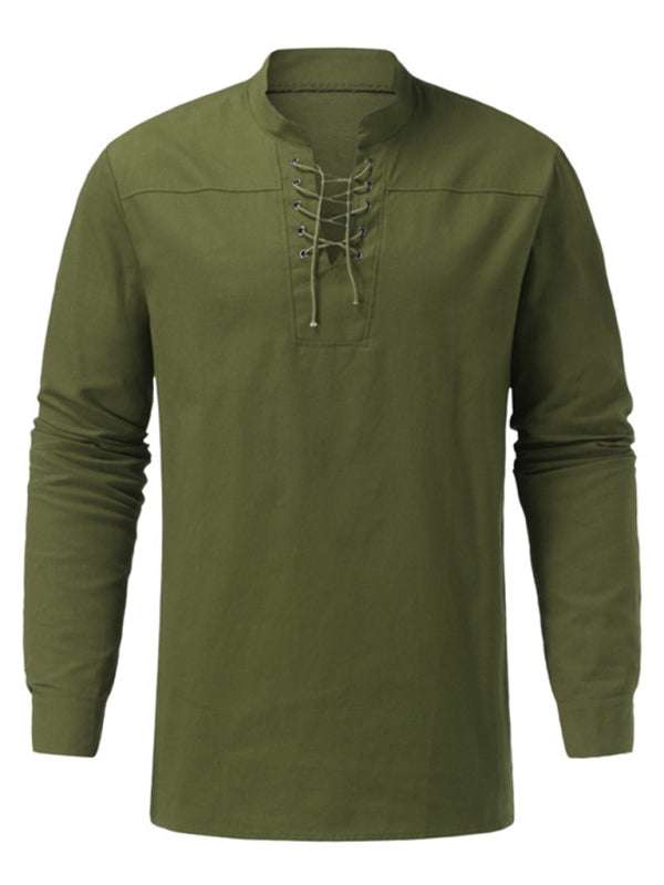 Retro-Inspired Men's Casual Long Sleeve Lace-Up Shirt with Stand Collar - Effortless Style for Every Occasion - MENLL