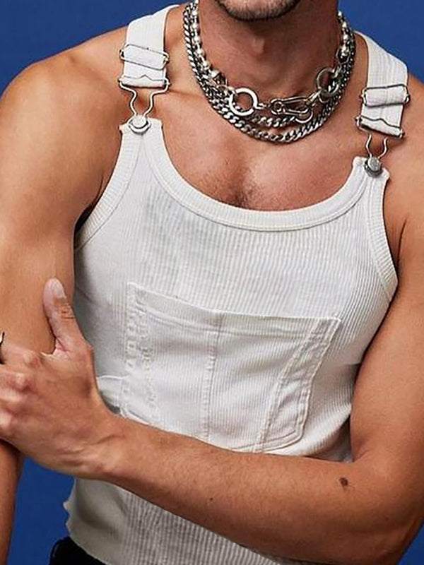 Men's sleeveless pocket tank top, white, with chunky chain necklaces.