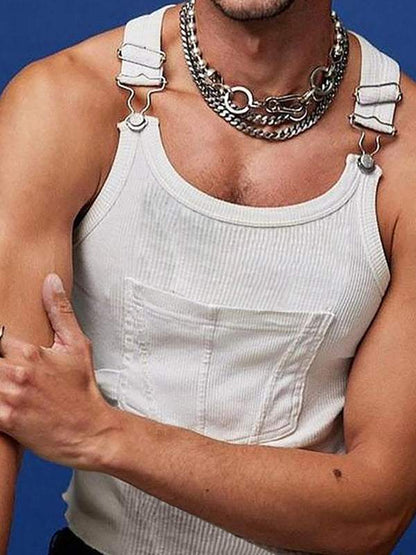 Men's sleeveless pocket tank top, white, with chunky chain necklaces.