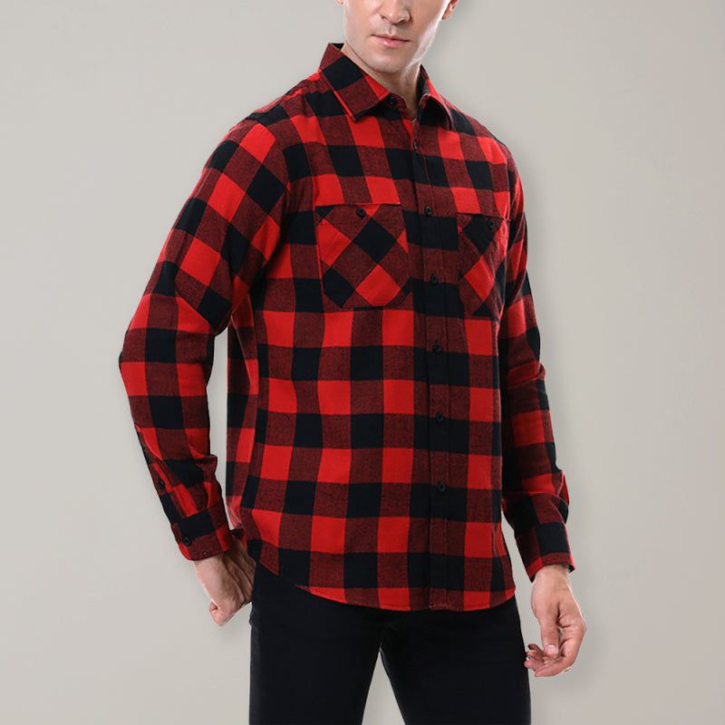 Men's plaid long-sleeved shirt with lapel collar, red and black check pattern, suitable for autumn-winter.