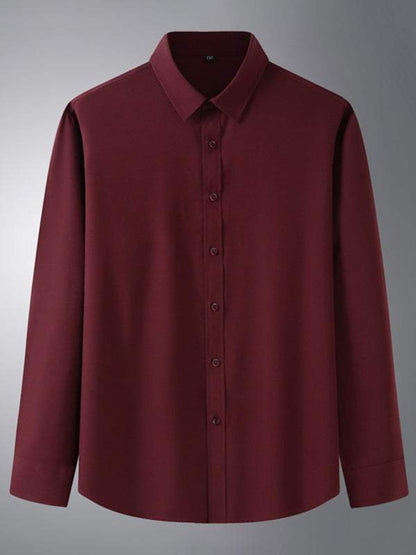 Men's solid color stretch long sleeve business casual thin shirt in burgundy.
