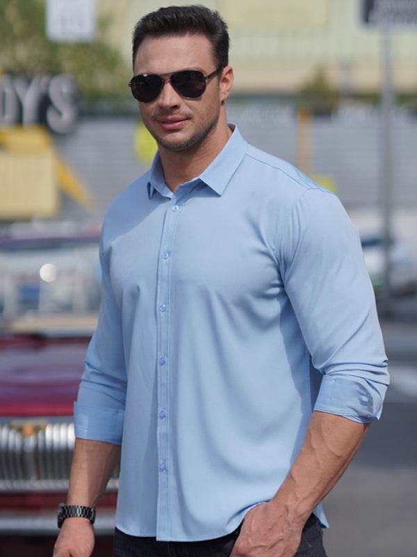 Sleek Men's Stretchable Solid Long Sleeve Shirt for Effortless Business Casual Style