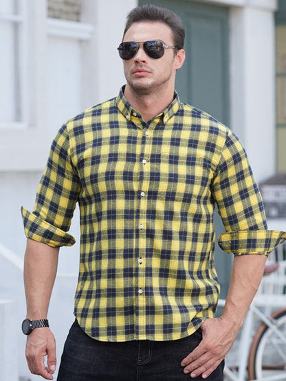 Stylish Plus Size Men's Brushed Plaid Long Sleeve Shirt - Perfect for Every Season! - MENLL