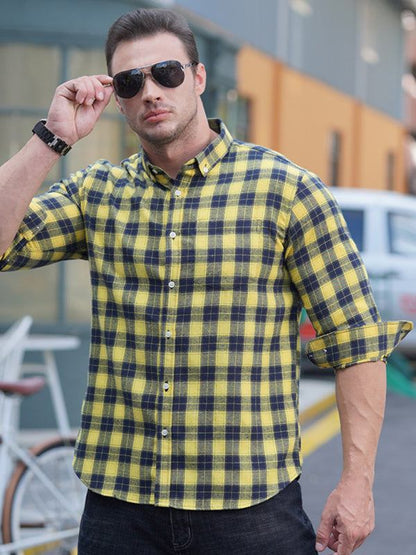 Stylish Plus Size Men's Brushed Plaid Long Sleeve Shirt - Perfect for Every Season! - MENLL