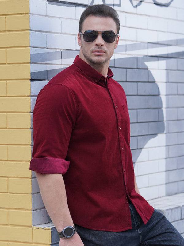 Casual loose fashionable corduroy long sleeve shirt in vibrant red.