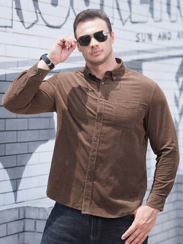 Stylish Plus Size Men's Cozy Corduroy Long Sleeve Shirt for Effortless Casual Looks - MENLL