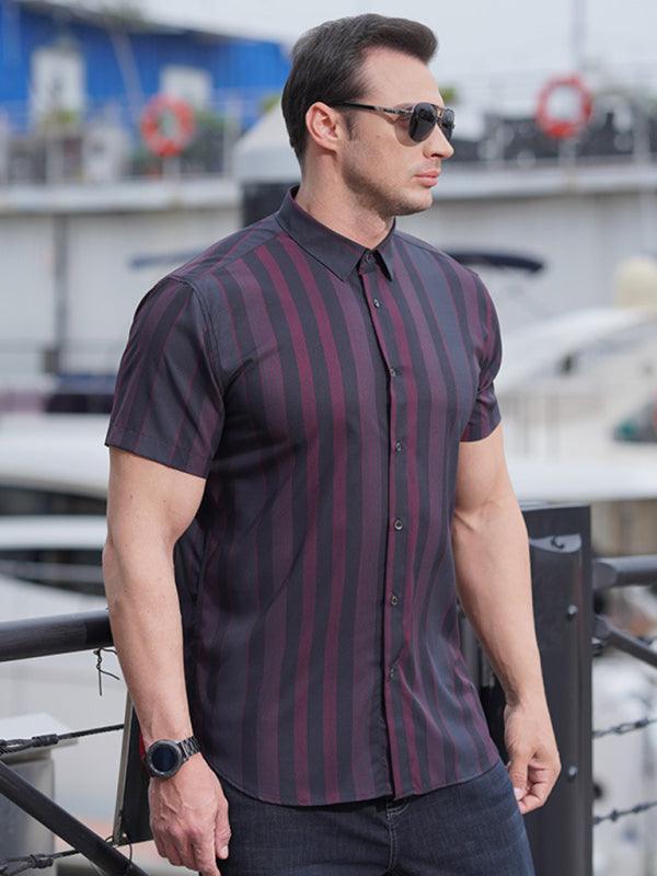Plus size men's striped short sleeve shirt, perfect for spring-summer elegance.