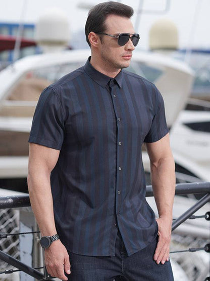 Stylish Plus Size Striped Short Sleeve Shirt for Men - Perfect for Spring-Summer Elegance - MENLL