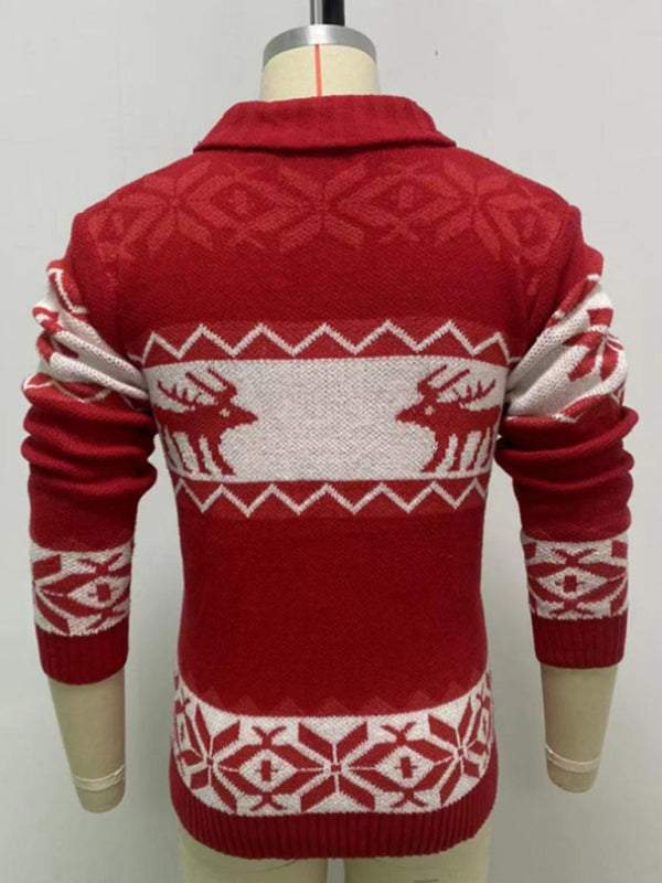 Festive Men's Jacquard Knit Cardigan Sweater for a Cozy Christmas Season - MENLL