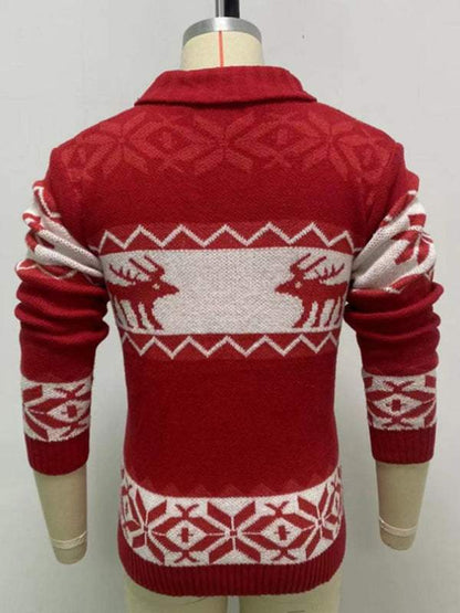 Festive Men's Jacquard Knit Cardigan Sweater for a Cozy Christmas Season - MENLL