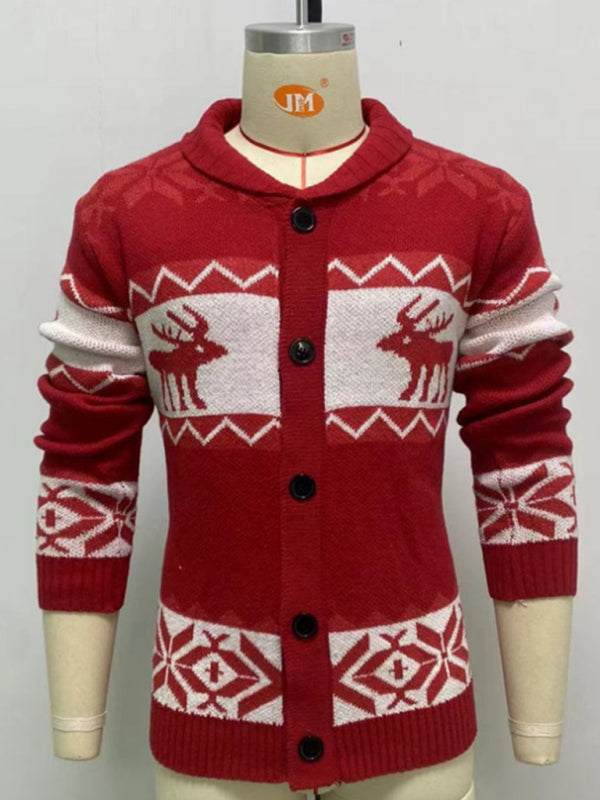 Festive Men's Jacquard Knit Cardigan Sweater for a Cozy Christmas Season - MENLL