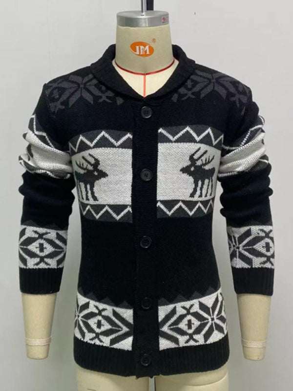Festive Men's Jacquard Knit Cardigan Sweater for a Cozy Christmas Season - MENLL