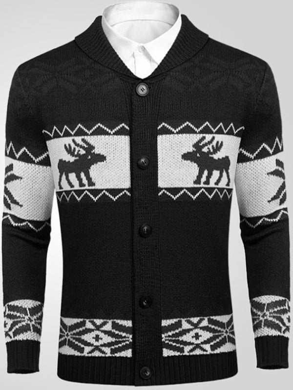 Festive Men's Jacquard Knit Cardigan Sweater for a Cozy Christmas Season - MENLL