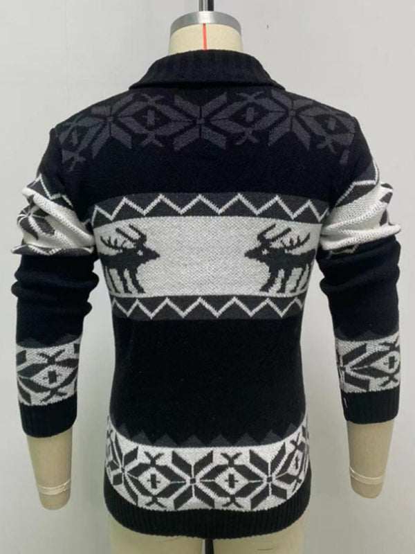 Festive Men's Jacquard Knit Cardigan Sweater for a Cozy Christmas Season - MENLL