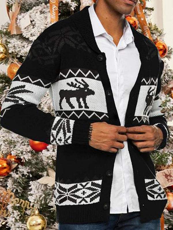 Festive Men's Jacquard Knit Cardigan Sweater for a Cozy Christmas Season - MENLL