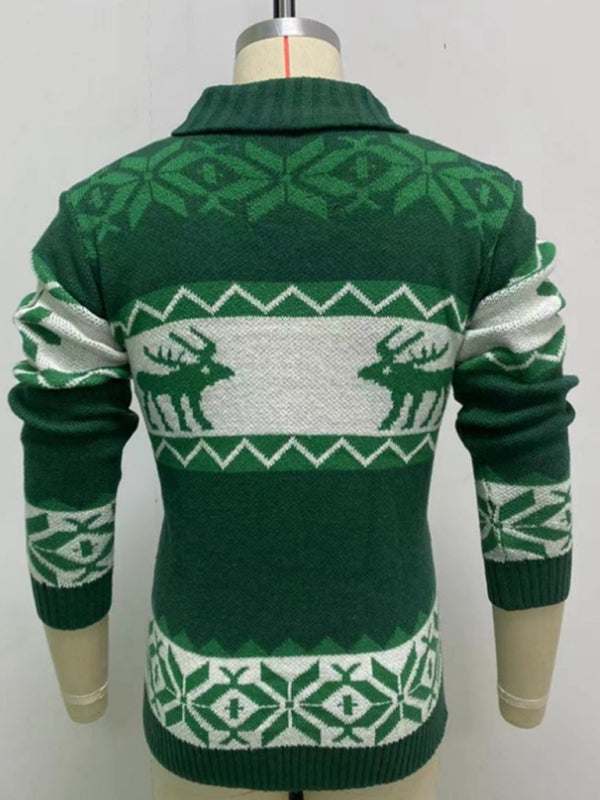 Festive Men's Jacquard Knit Cardigan Sweater for a Cozy Christmas Season - MENLL