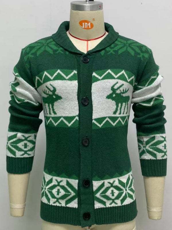 Festive Men's Jacquard Knit Cardigan Sweater for a Cozy Christmas Season - MENLL