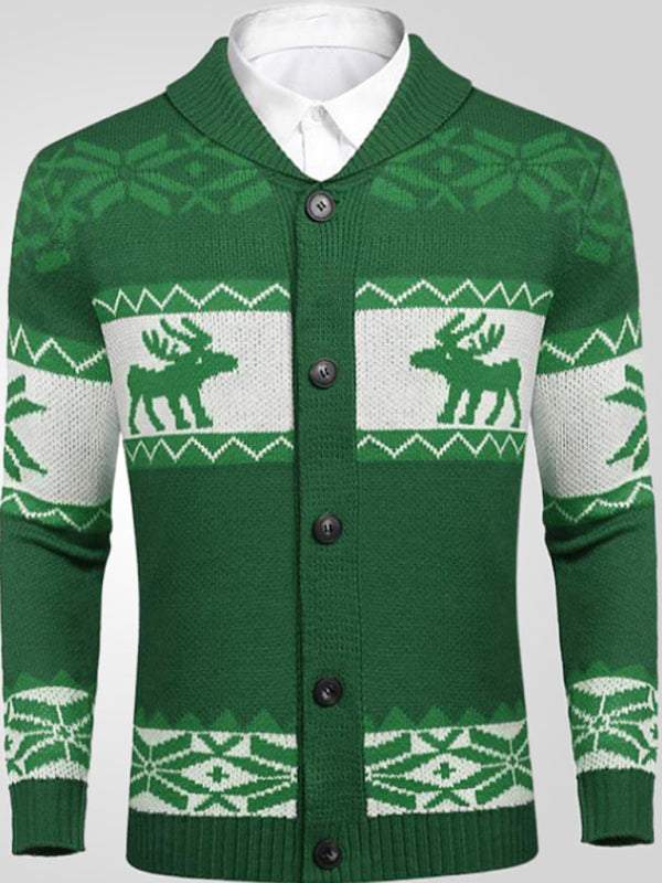 Festive Men's Jacquard Knit Cardigan Sweater for a Cozy Christmas Season - MENLL