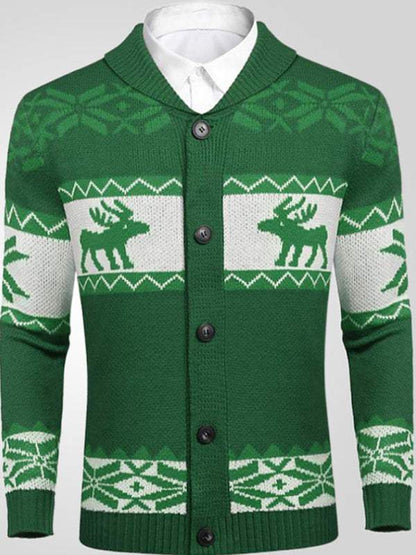Festive Men's Jacquard Knit Cardigan Sweater for a Cozy Christmas Season - MENLL