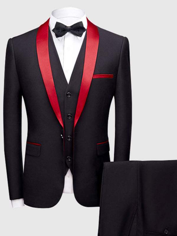 Men's black polyester blazer with red lapel collar, welt pocket, and bow tie showcasing a light business style.