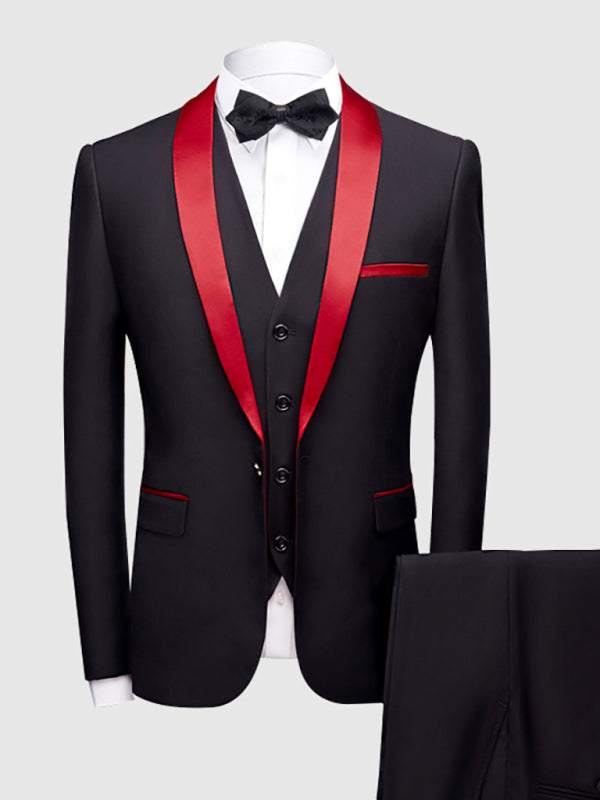 Men's stylish lapel collar business suit with red accents, long sleeves, and welt pocket, perfect for formal occasions.