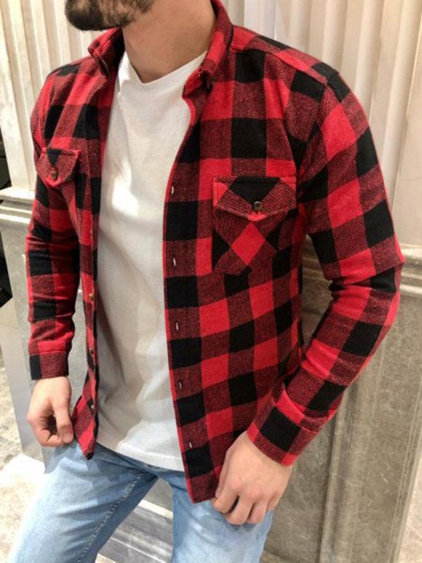 Men's retro casual plaid long sleeve lapel shirt in red and black.