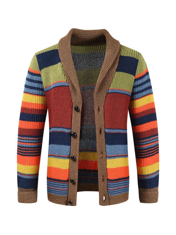 Vibrant rainbow striped men's casual button cardigan with colorful design for spring-summer comfort.